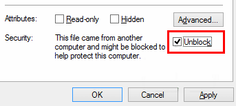 The Windows file Properties dialog, with the Security line reading “This file came from another computer and might be blocked to help protect this computer” and the Unblock checkbox ticked